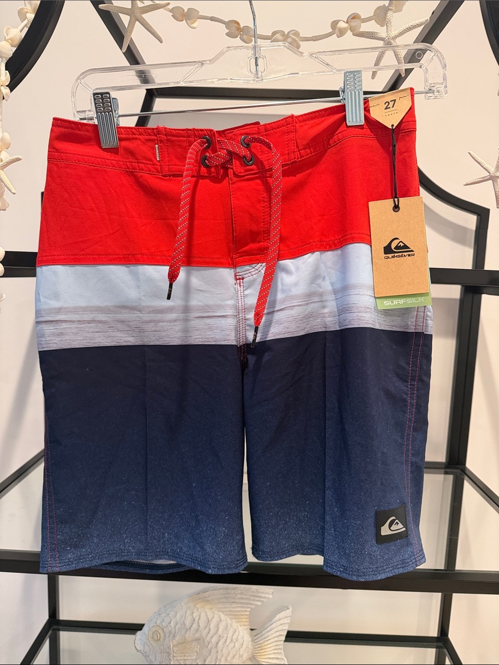 Quiksilver Men’s Red, White and Navy Colorblock Swim Trunks